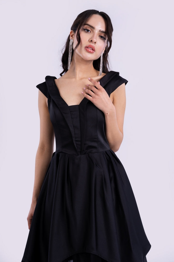 ASYMMETRICAL SATIN DRESS WITH TULLE