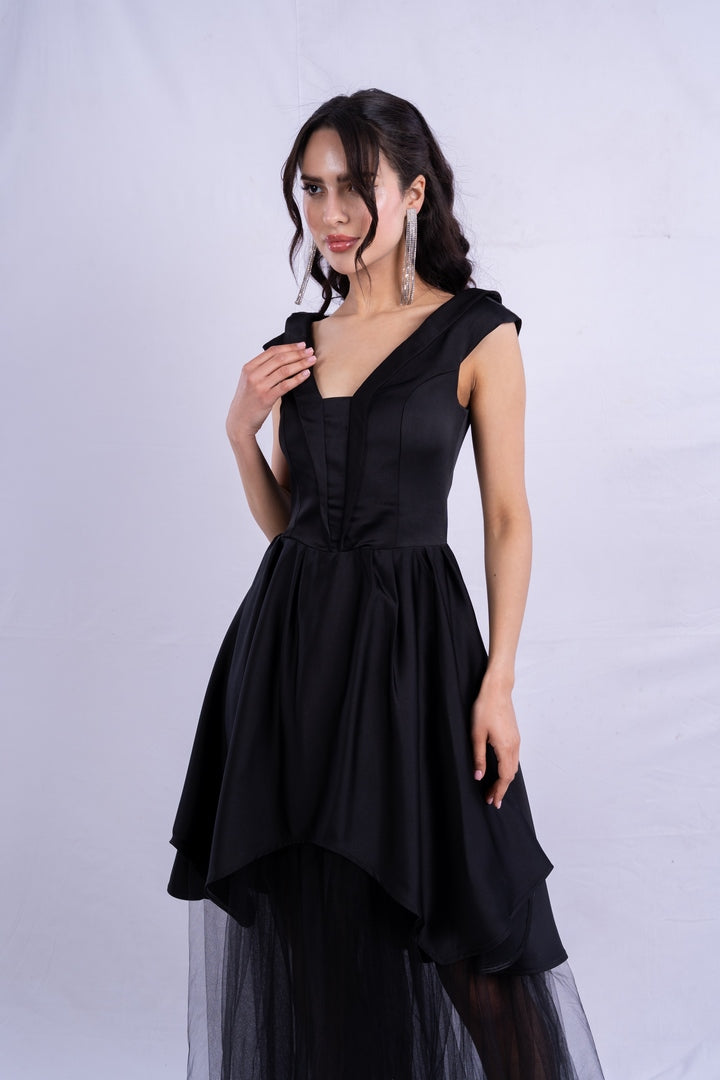 ASYMMETRICAL SATIN DRESS WITH TULLE