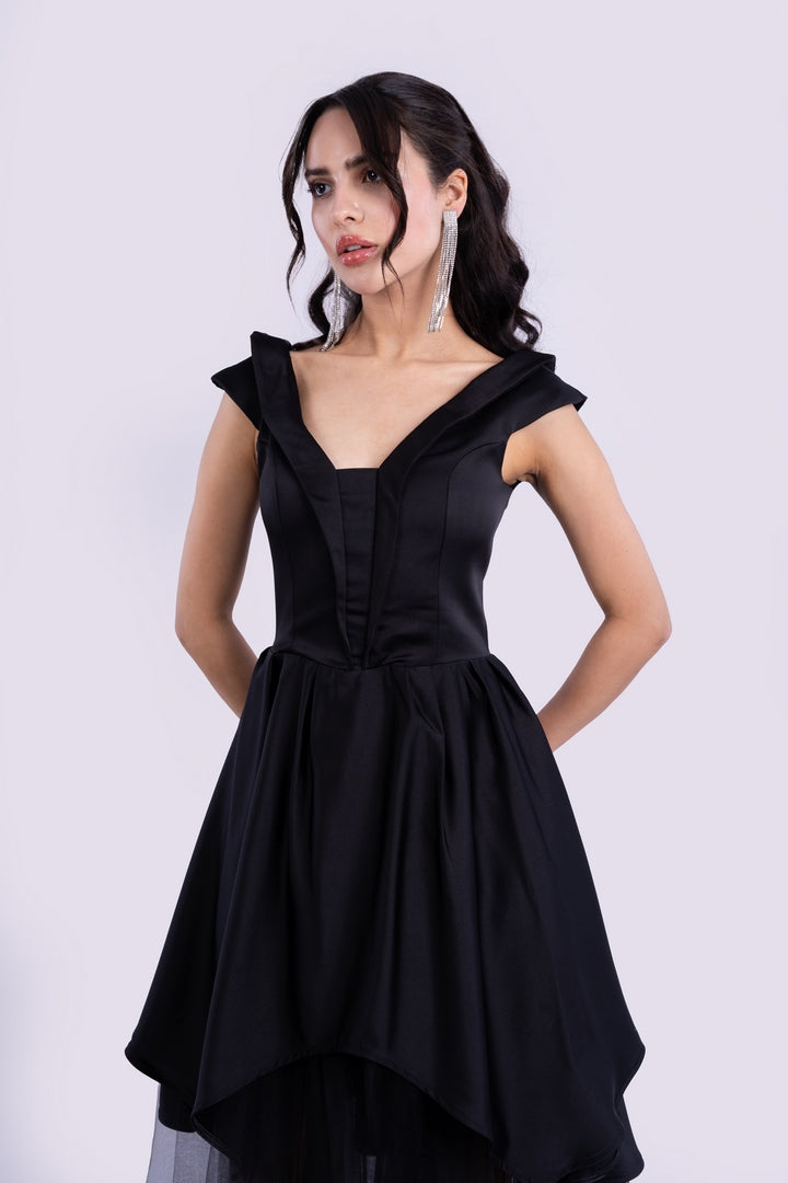 ASYMMETRICAL SATIN DRESS WITH TULLE