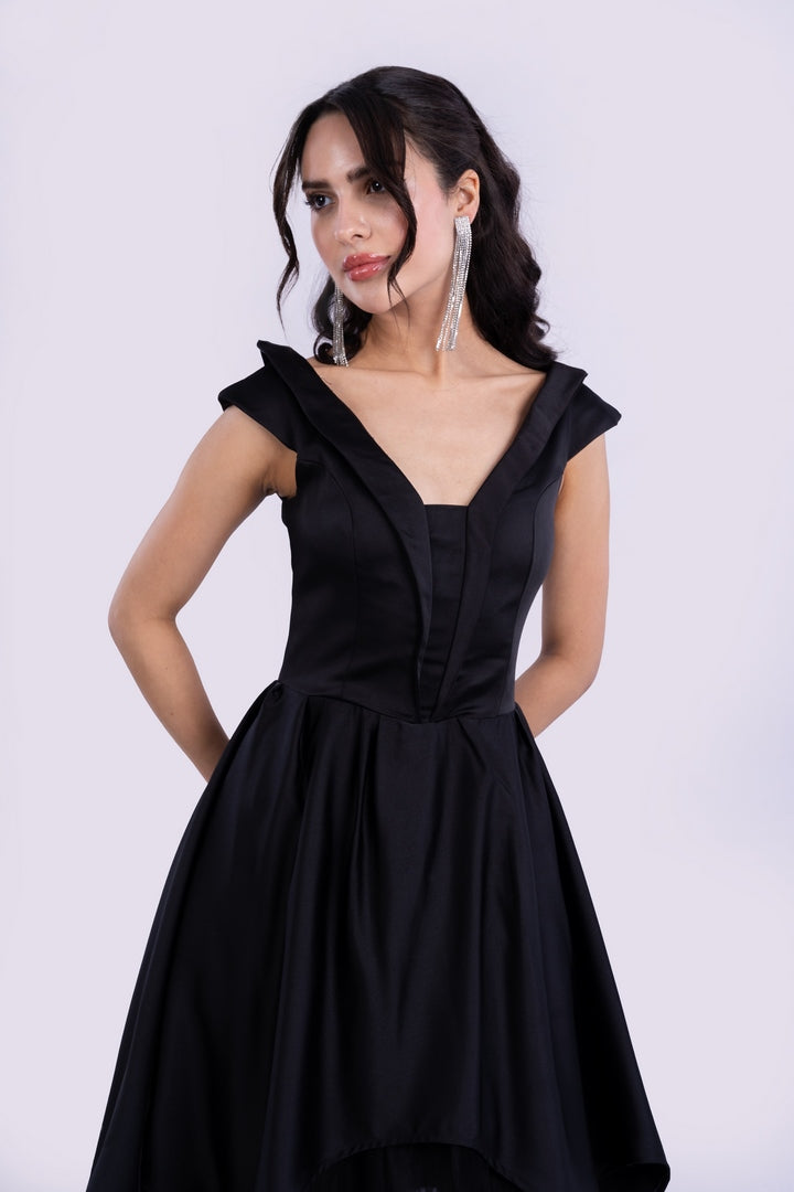 ASYMMETRICAL SATIN DRESS WITH TULLE