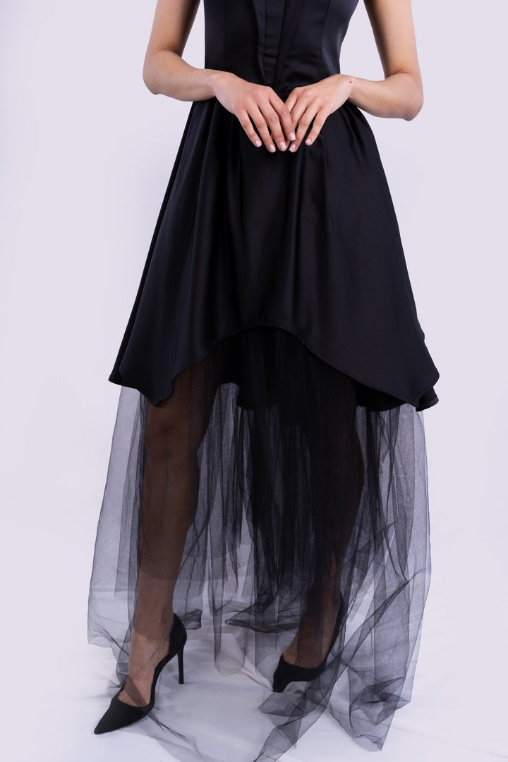 ASYMMETRICAL SATIN DRESS WITH TULLE
