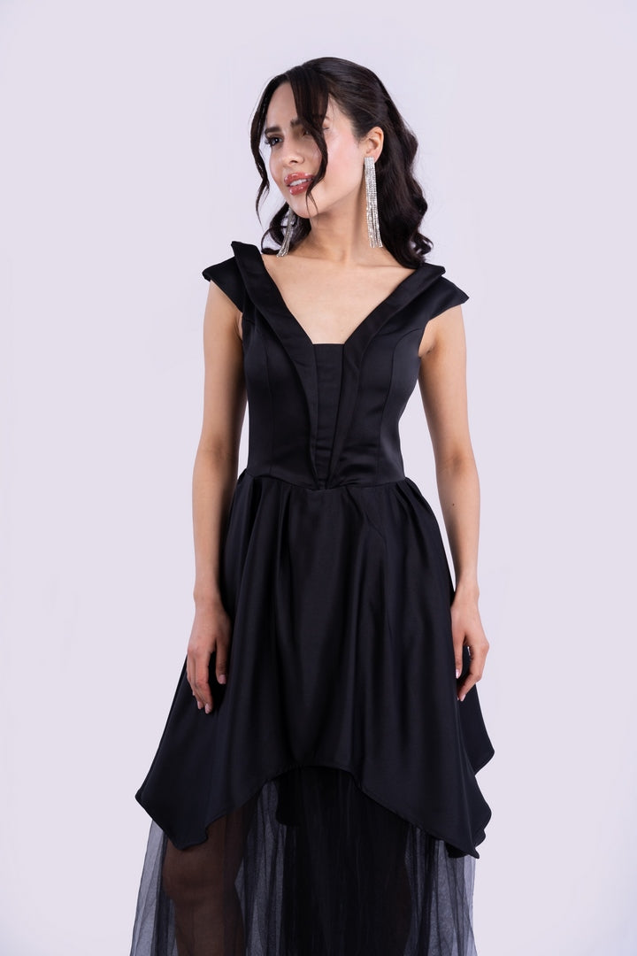 ASYMMETRICAL SATIN DRESS WITH TULLE