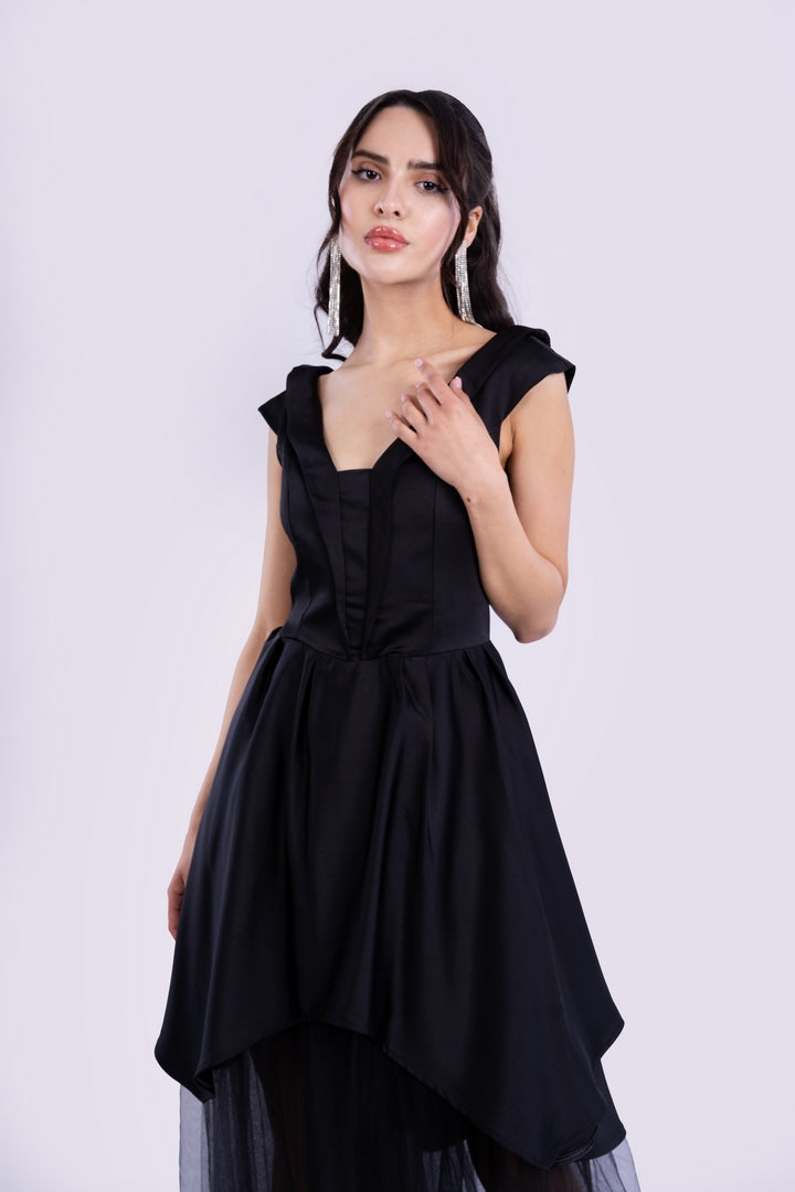 ASYMMETRICAL SATIN DRESS WITH TULLE