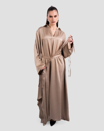 SATIN BELTED MAXI DRESS WITH WIDE SLEEVES