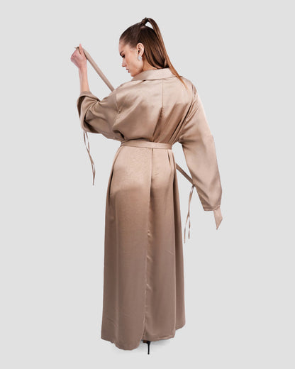 SATIN BELTED MAXI DRESS WITH WIDE SLEEVES