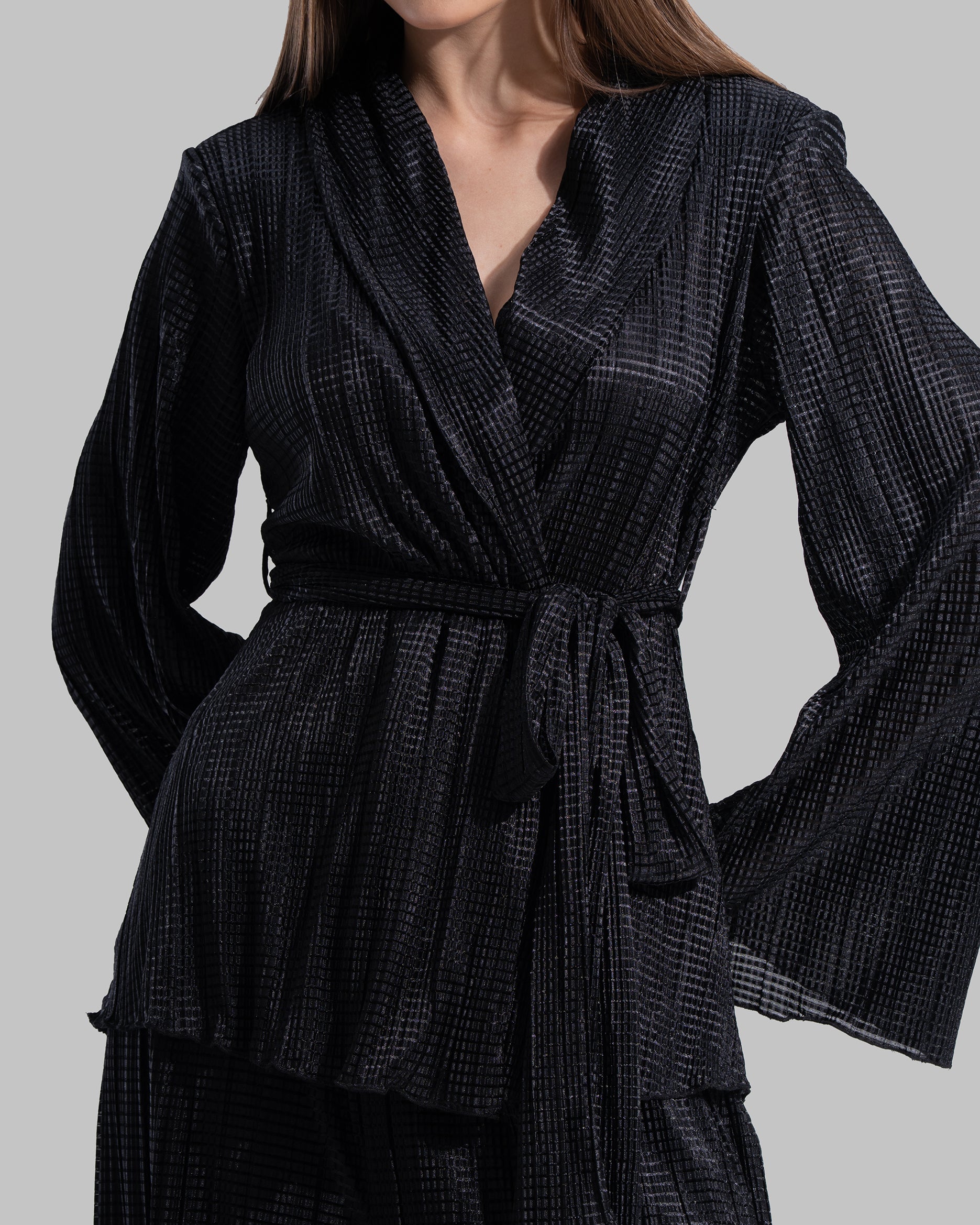 V-neck wrap Cardigan with long sleeves.