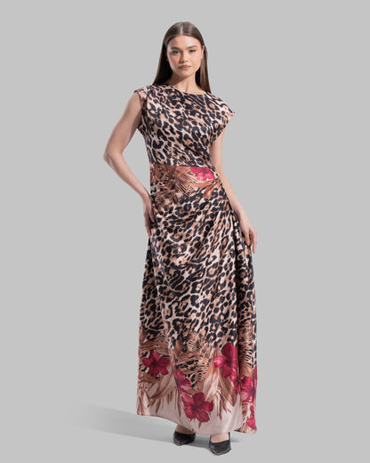 Sleeveless midi dress with a round neckline.