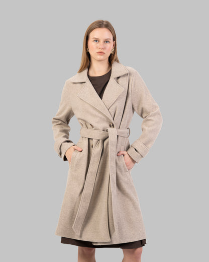 A classic light beige belted coat with a wide collar