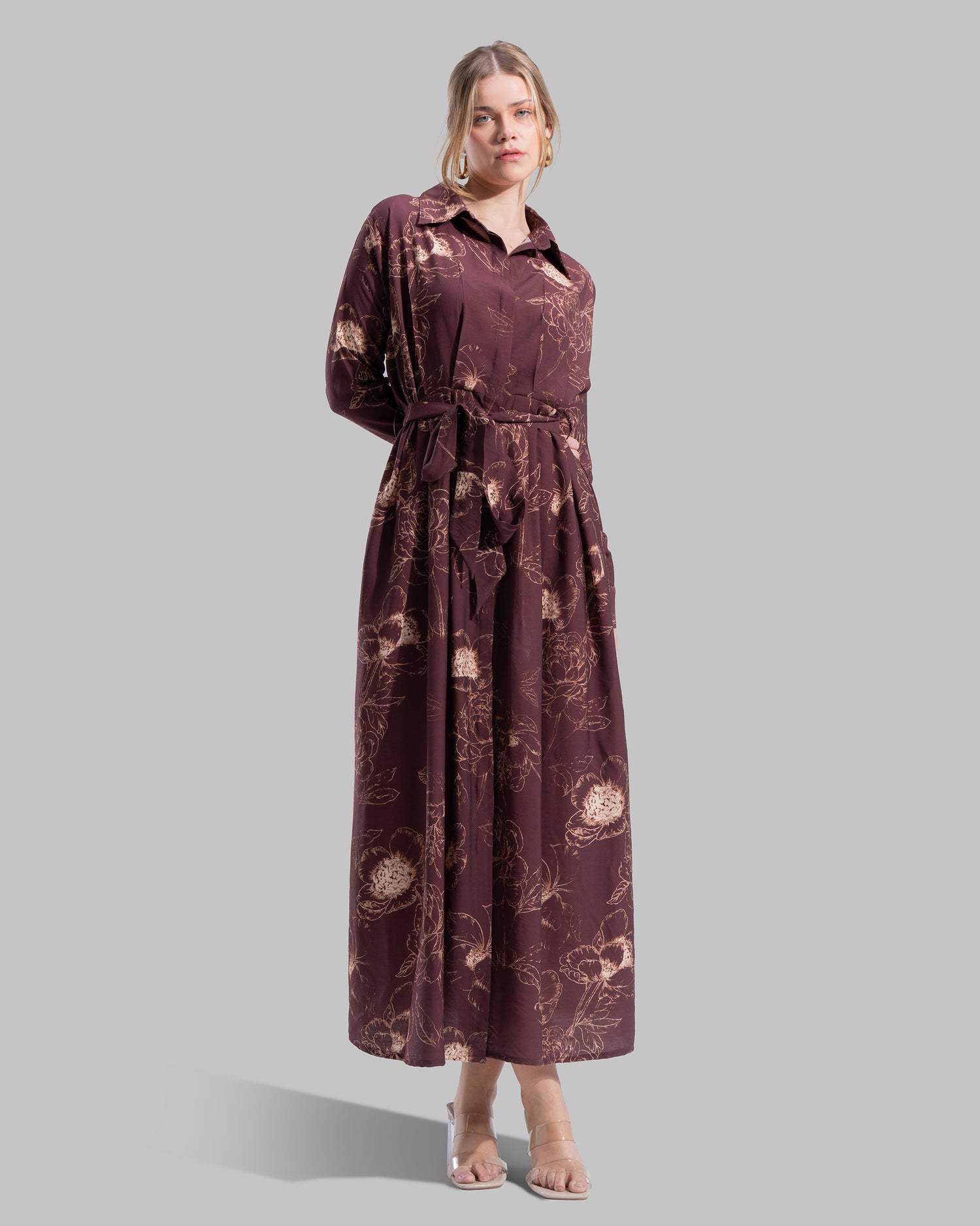 Floral print midi shirt dress with a matching tie belt at the waist.