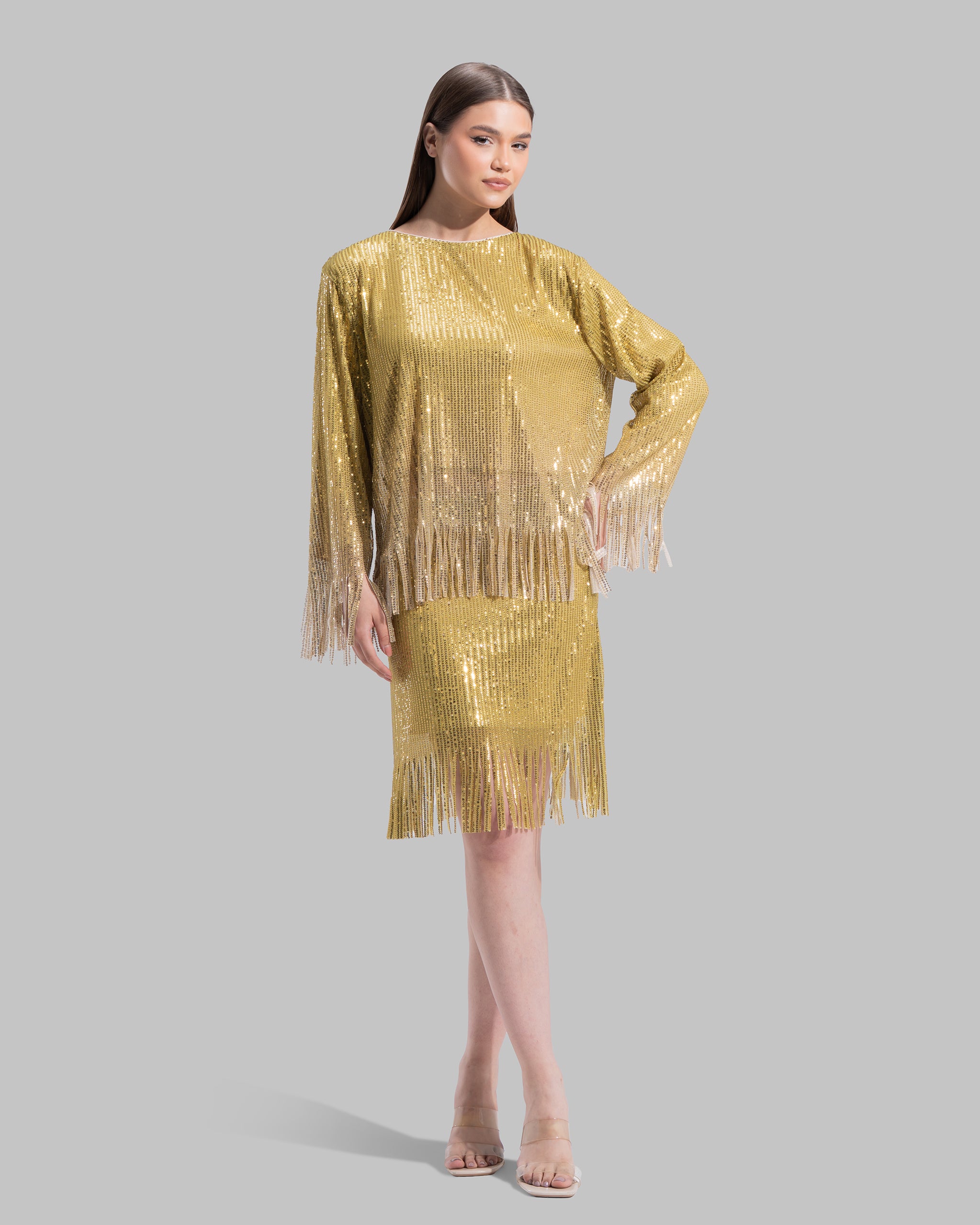 بلوزة برقبة دائرية وأكمام طويلة.