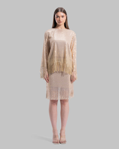 بلوزة برقبة دائرية وأكمام طويلة.