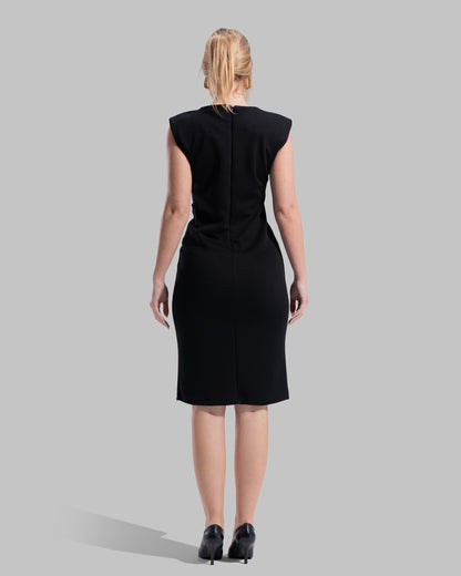 Sleeveless midi dress featuring a round neckline and front draped knot detail.