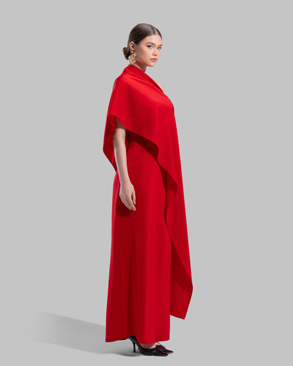 Draped asymmetrical neckline satin maxi dress with a fluid oversized silhouette.