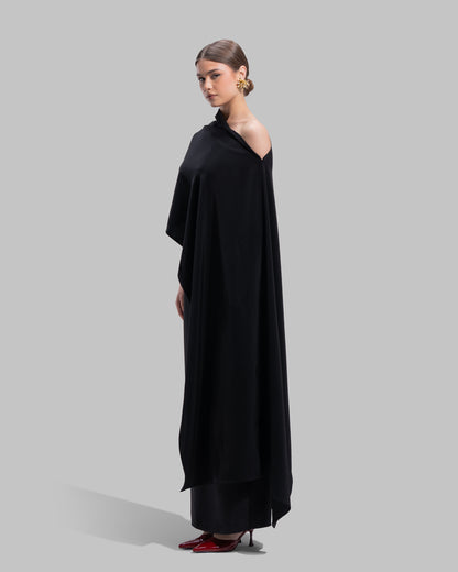 Draped asymmetrical neckline satin maxi dress with a fluid oversized silhouette.