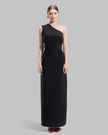 Draped asymmetrical neckline satin maxi dress with a fluid oversized silhouette.