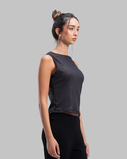 Sleeveless ribbed tank top with a metallic thread finish and a round neck.