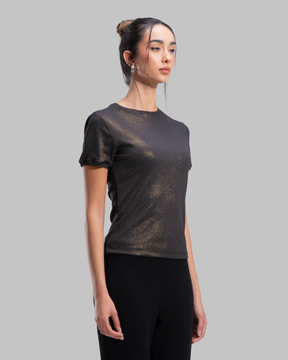 Short sleeve ribbed top with a shimmering metallic finish and round neck.