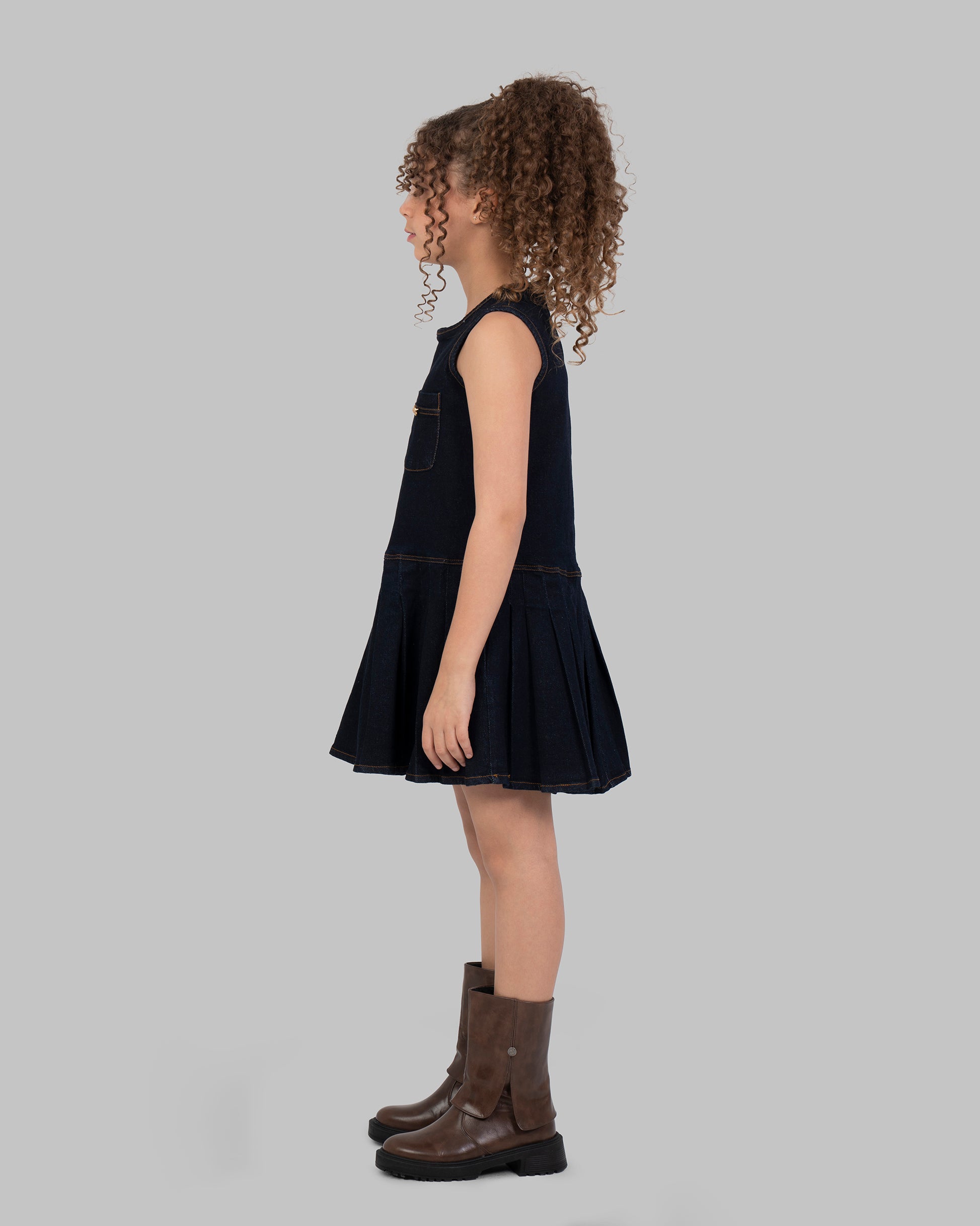Denim Pleated Dress, Sleeveless mini dress in a dark wash denim.