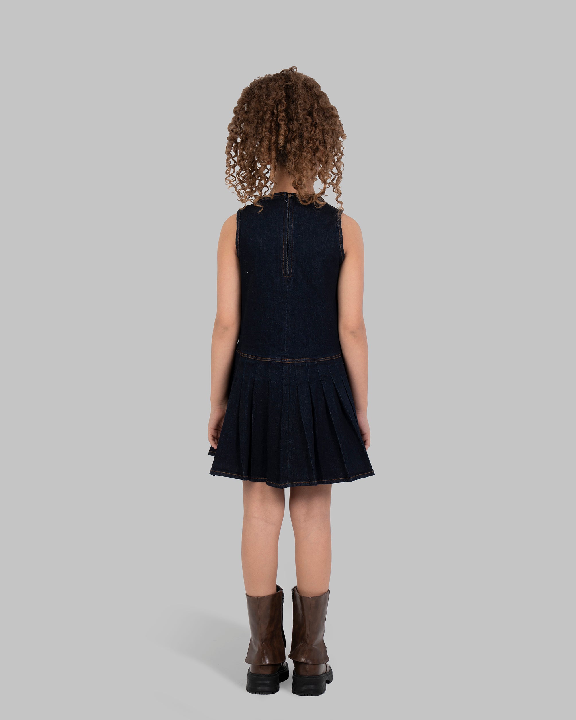 Denim Pleated Dress, Sleeveless mini dress in a dark wash denim.