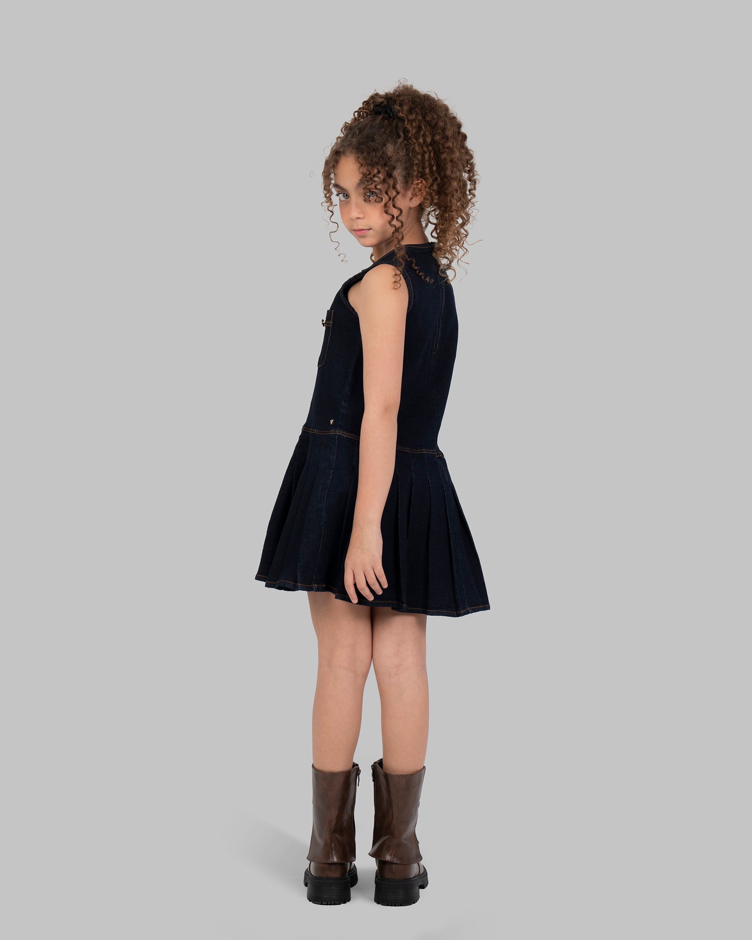 Denim Pleated Dress, Sleeveless mini dress in a dark wash denim.
