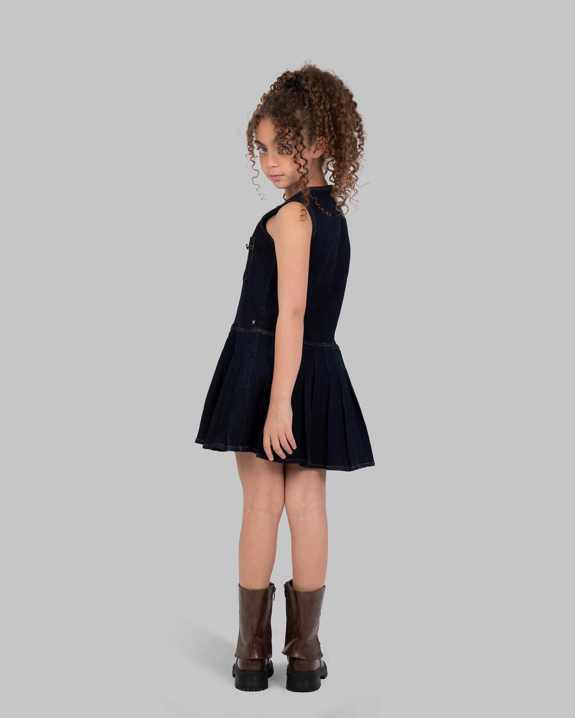 Denim Pleated Dress, Sleeveless mini dress in a dark wash denim.