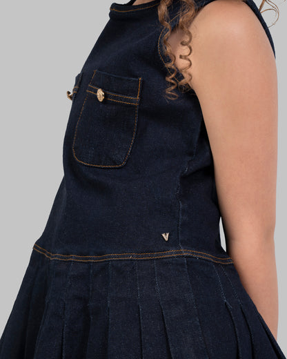 Denim Pleated Dress, Sleeveless mini dress in a dark wash denim.