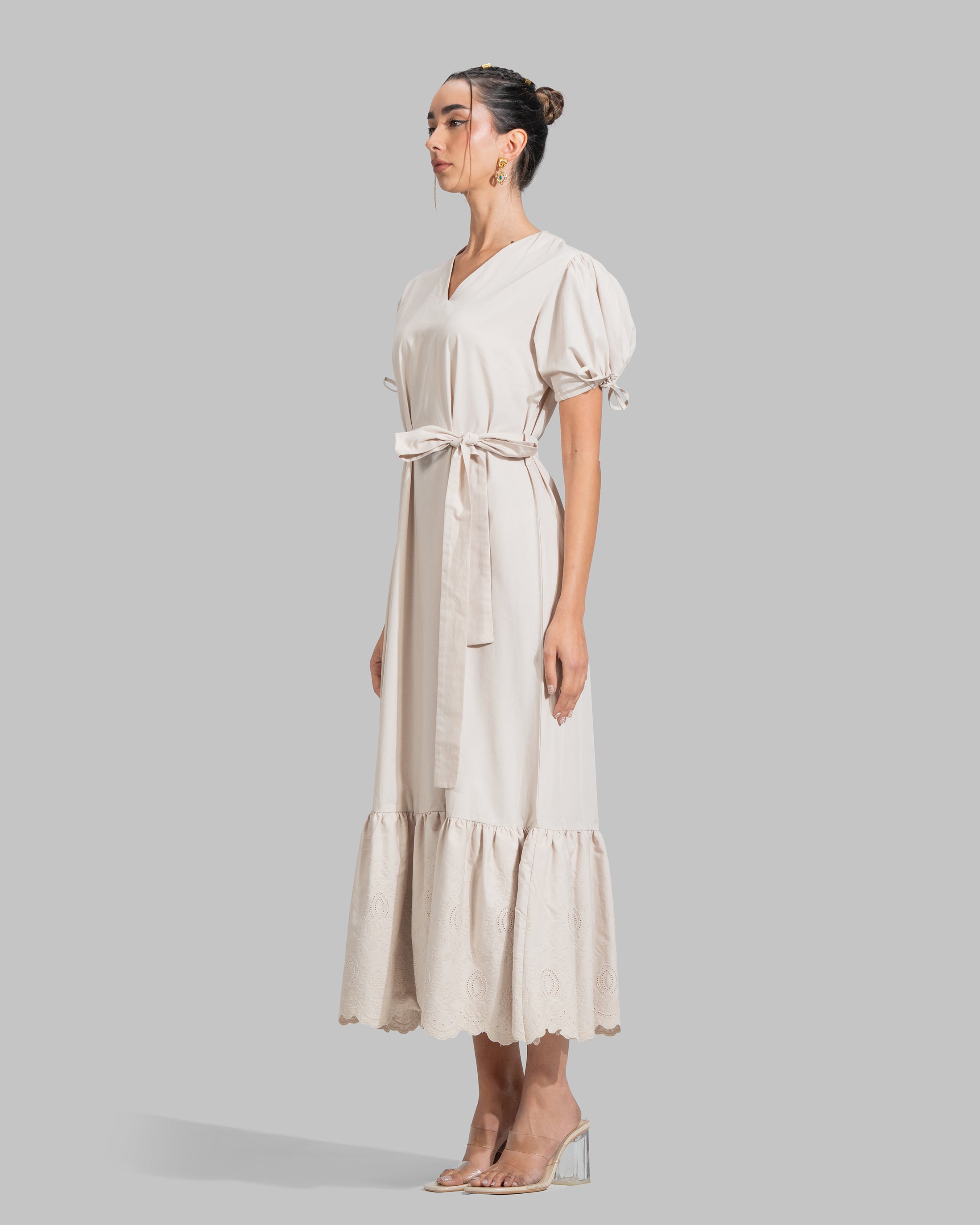 V-NECK MIDI DRESS WITH BELT DESIGNED