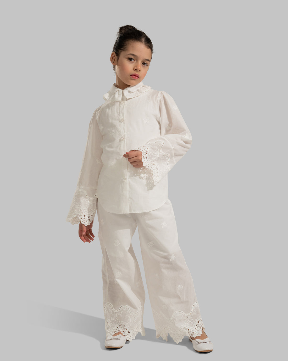 FLORAL EMBROIDERY WIDE LEG PANTS WITH ELASTICATED WAISTBAND WITH BELT