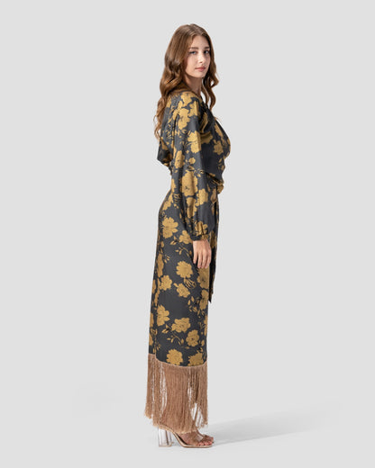 PRINTED WRAP SKIRT WITH FRINGED HEM