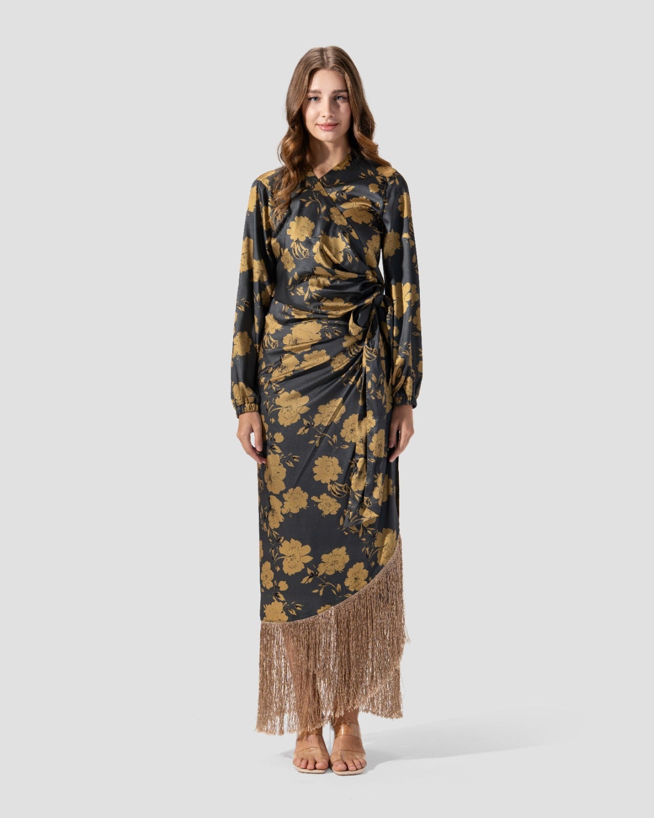 PRINTED WRAP SKIRT WITH FRINGED HEM