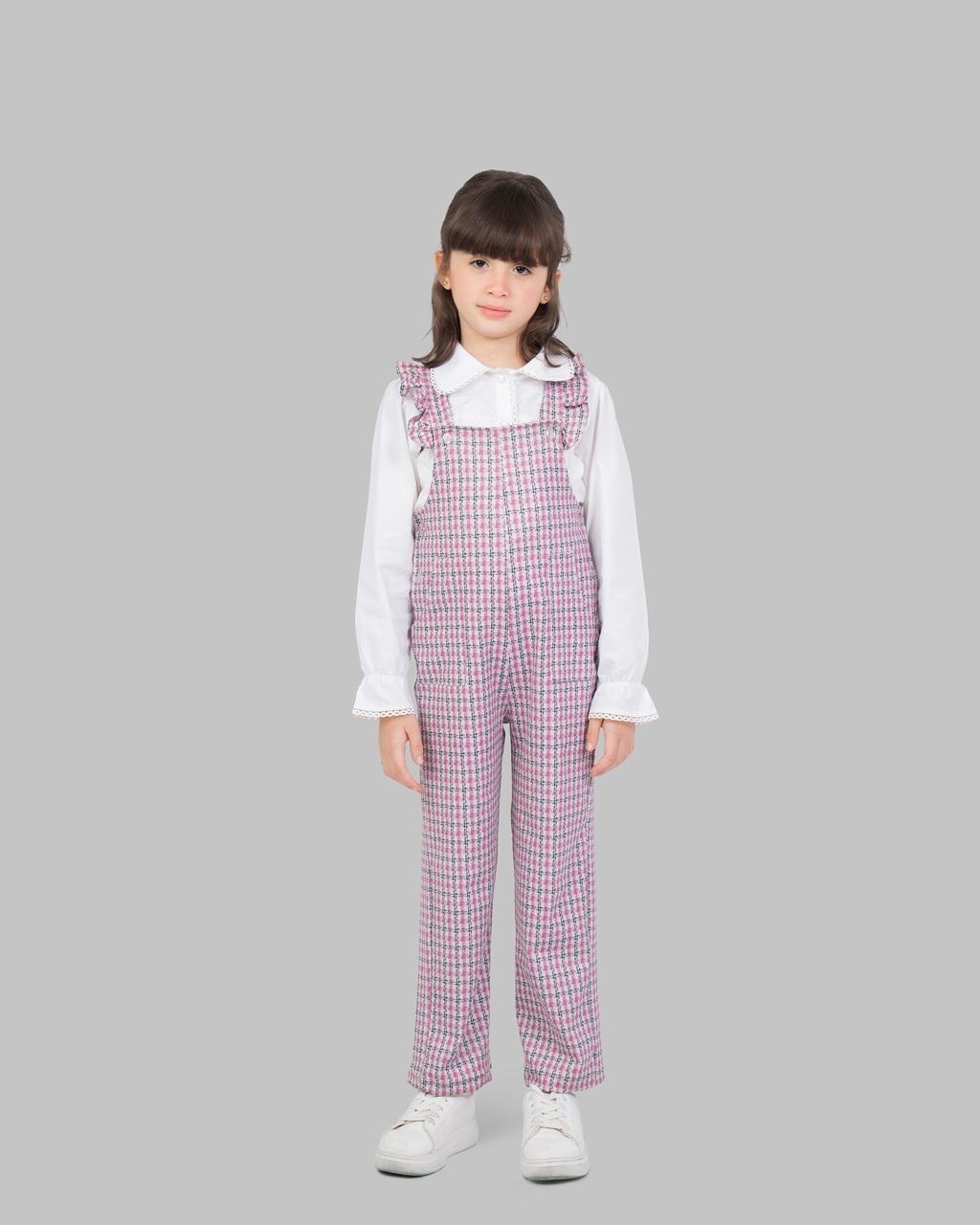 jumpsuit with houndstooth print adjustable shoulder straps and ruffle detailing.