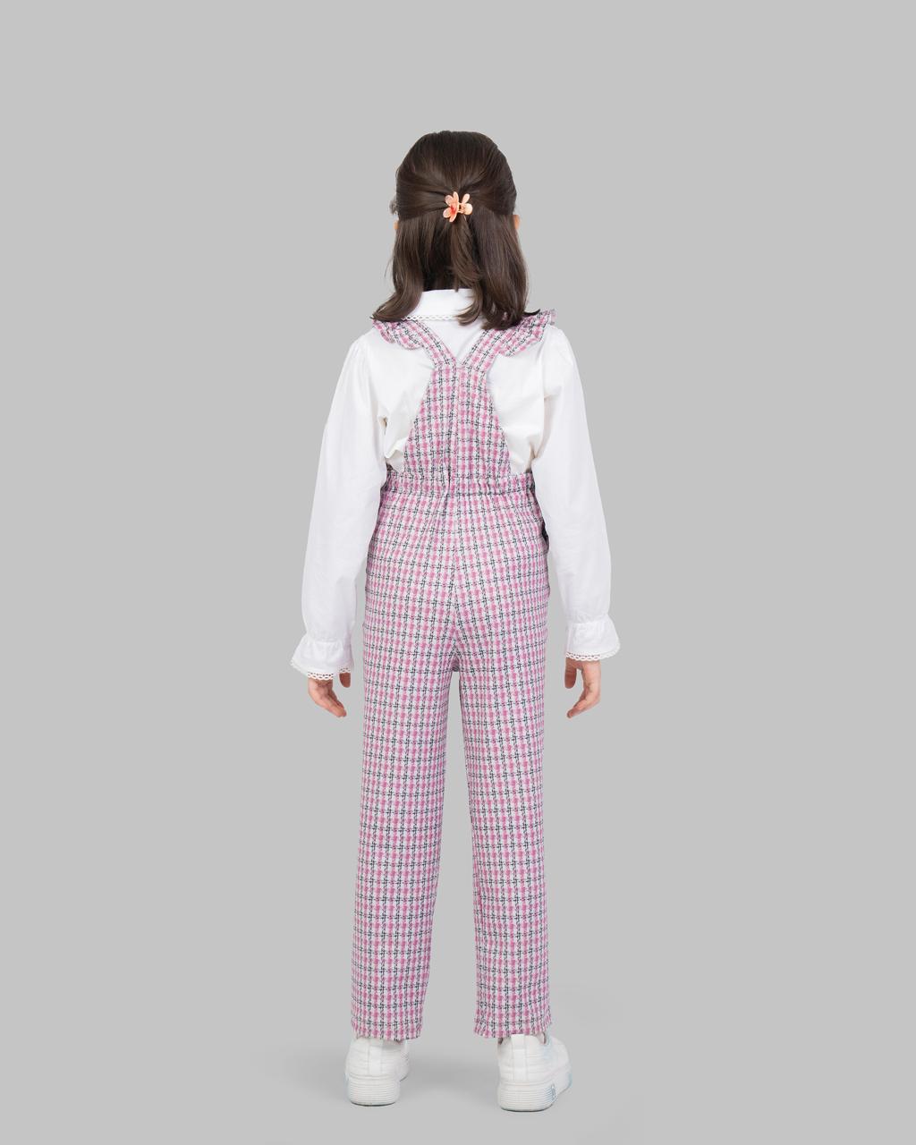 jumpsuit with houndstooth print adjustable shoulder straps and ruffle detailing.