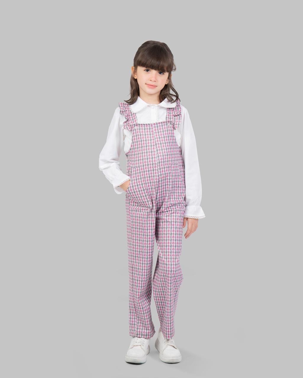 jumpsuit with houndstooth print adjustable shoulder straps and ruffle detailing.