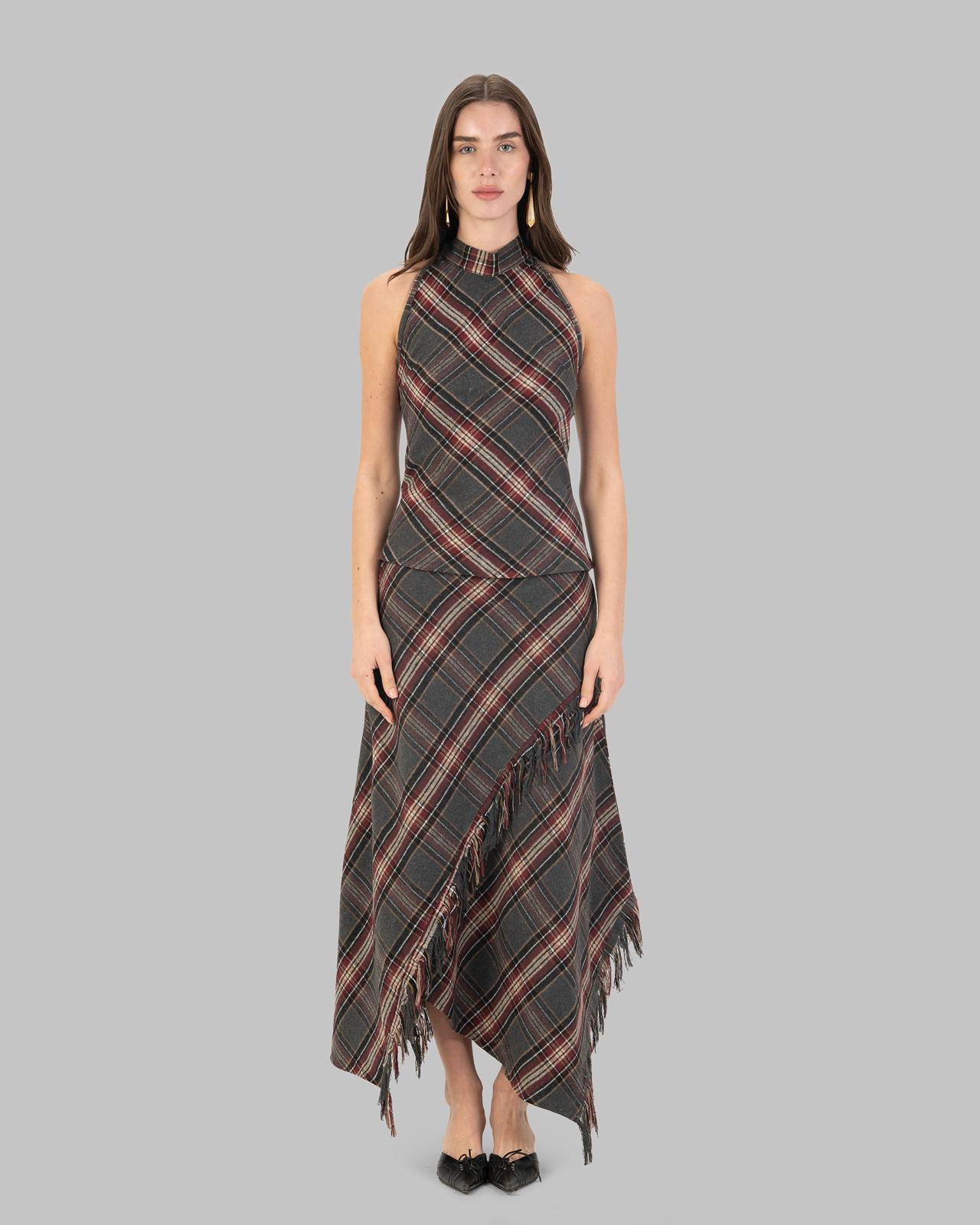 Long maxi skirt in a wool-blend plaid fabric.